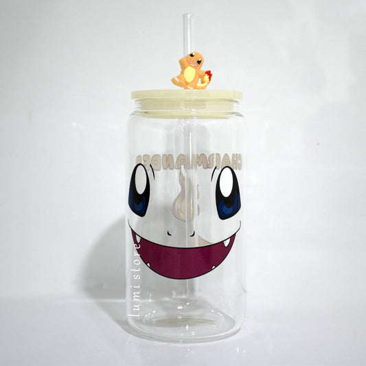 Charmander Glass Tumbler – a Pokemon-inspired 16oz glass cup! 🐉💖 Perfect for anime lovers or a delightful self-indulgence. Each cup is HANDMADE, ensuring a unique piece. Elevate your sipping experience with this Glass Cup featuring a Colorful Lid and Reusable Straw.