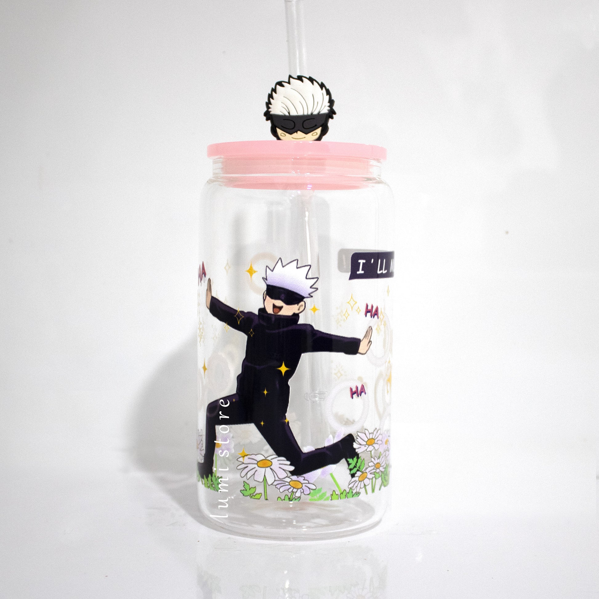Gojo Glass Tumbler – 16oz Glass Cup with Colored Lid and Reusable Straw. Handmade, unique, and sublimation-printed for lasting charm. Perfect for anime enthusiasts. Order now for a touch of anime magic!