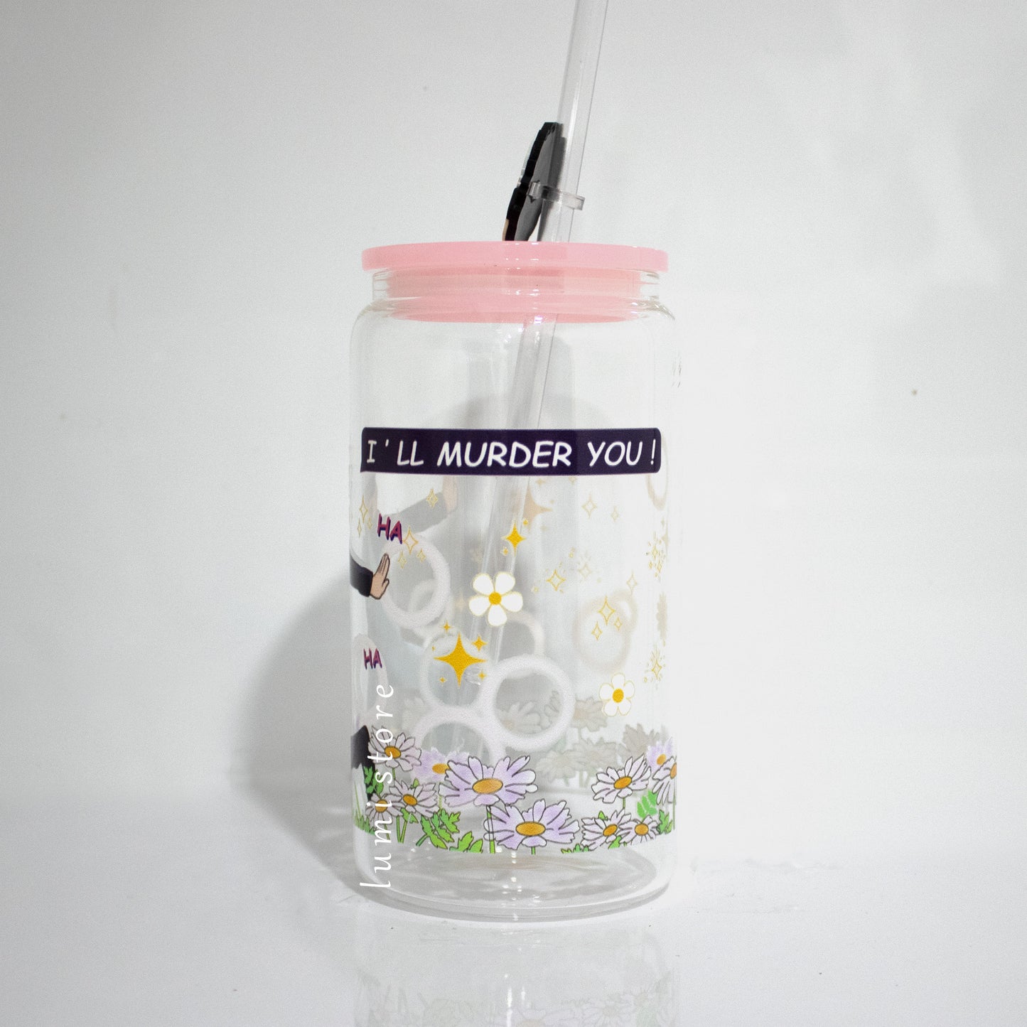 Gojo Glass Tumbler – 16oz Glass Cup with Colored Lid and Reusable Straw. Handmade, unique, and sublimation-printed for lasting charm. Perfect for anime enthusiasts. Order now for a touch of anime magic!