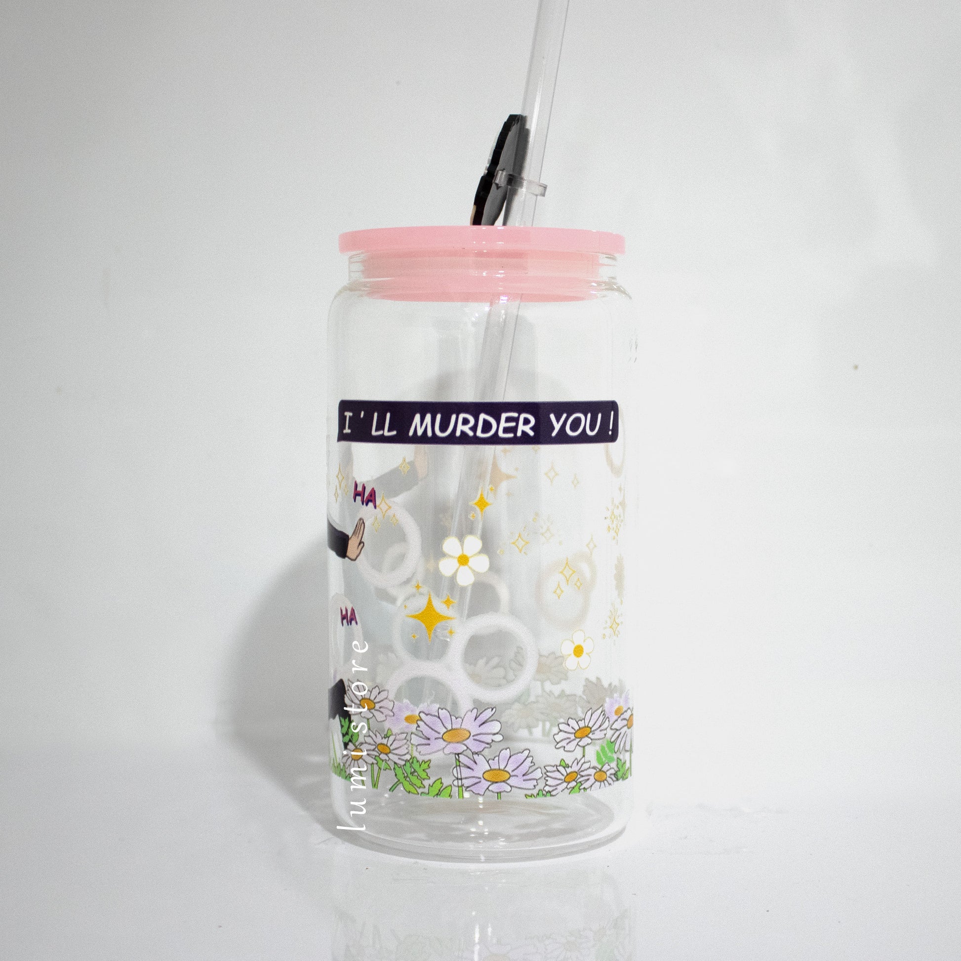 Gojo Glass Tumbler – 16oz Glass Cup with Colored Lid and Reusable Straw. Handmade, unique, and sublimation-printed for lasting charm. Perfect for anime enthusiasts. Order now for a touch of anime magic!