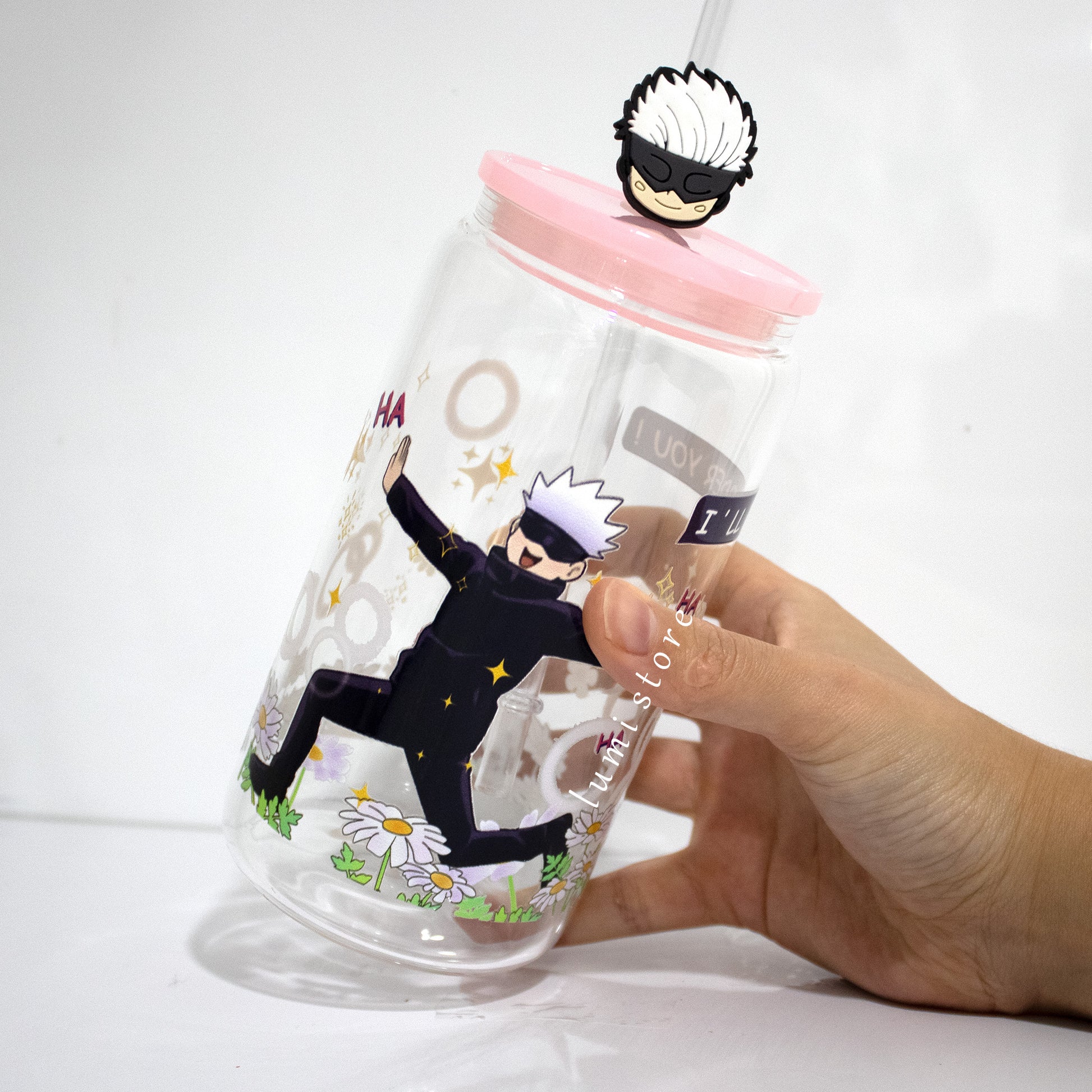Gojo Glass Tumbler – 16oz Glass Cup with Colored Lid and Reusable Straw. Handmade, unique, and sublimation-printed for lasting charm. Perfect for anime enthusiasts. Order now for a touch of anime magic!