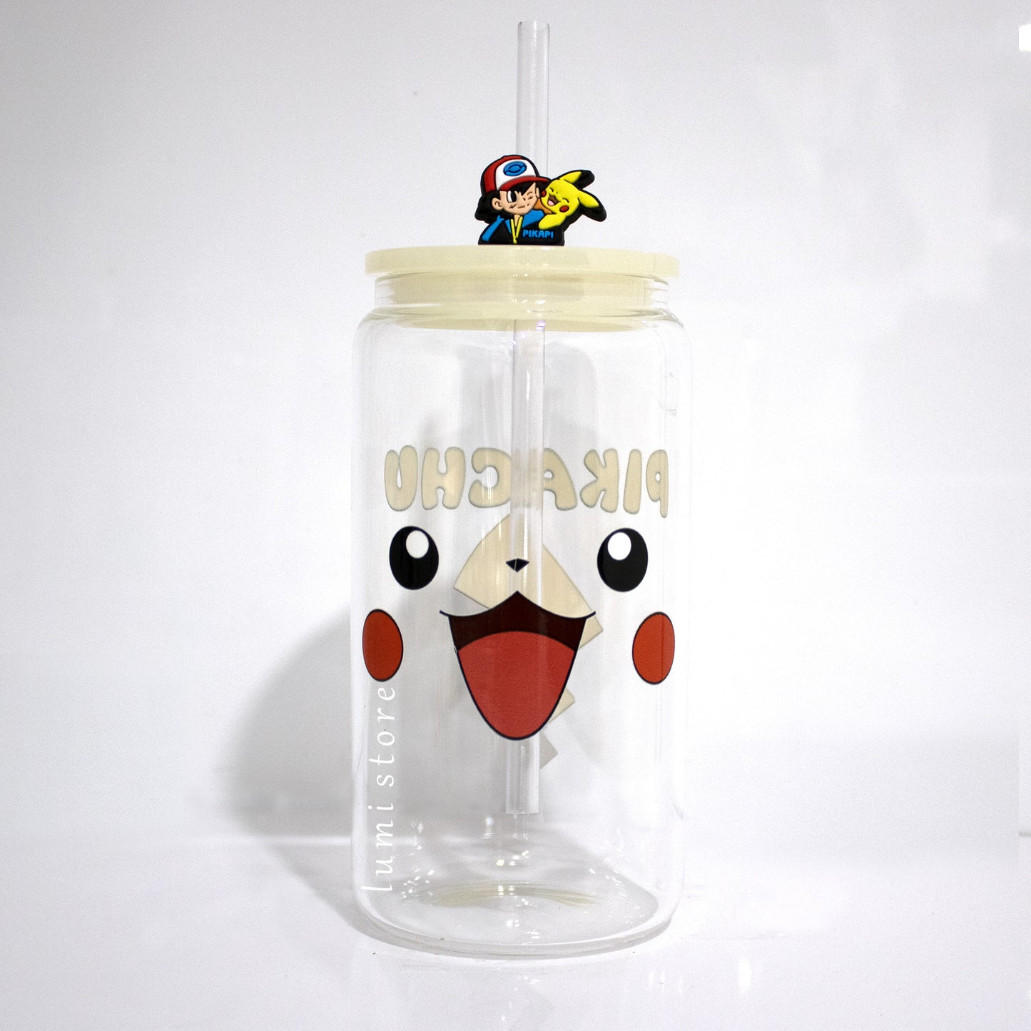 Pikachu Glass Tumbler – a Pokemon-inspired 16oz glass cup! 🐉💖 Perfect for Pokemon lovers or a delightful self-indulgence. Each cup is HANDMADE, ensuring a unique piece. Elevate your sipping experience with this Glass Cup featuring a Colorful Lid and Reusable Straw.