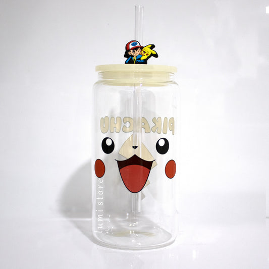 Pikachu Glass Tumbler – a Pokemon-inspired 16oz glass cup! 🐉💖 Perfect for Pokemon lovers or a delightful self-indulgence. Each cup is HANDMADE, ensuring a unique piece. Elevate your sipping experience with this Glass Cup featuring a Colorful Lid and Reusable Straw.