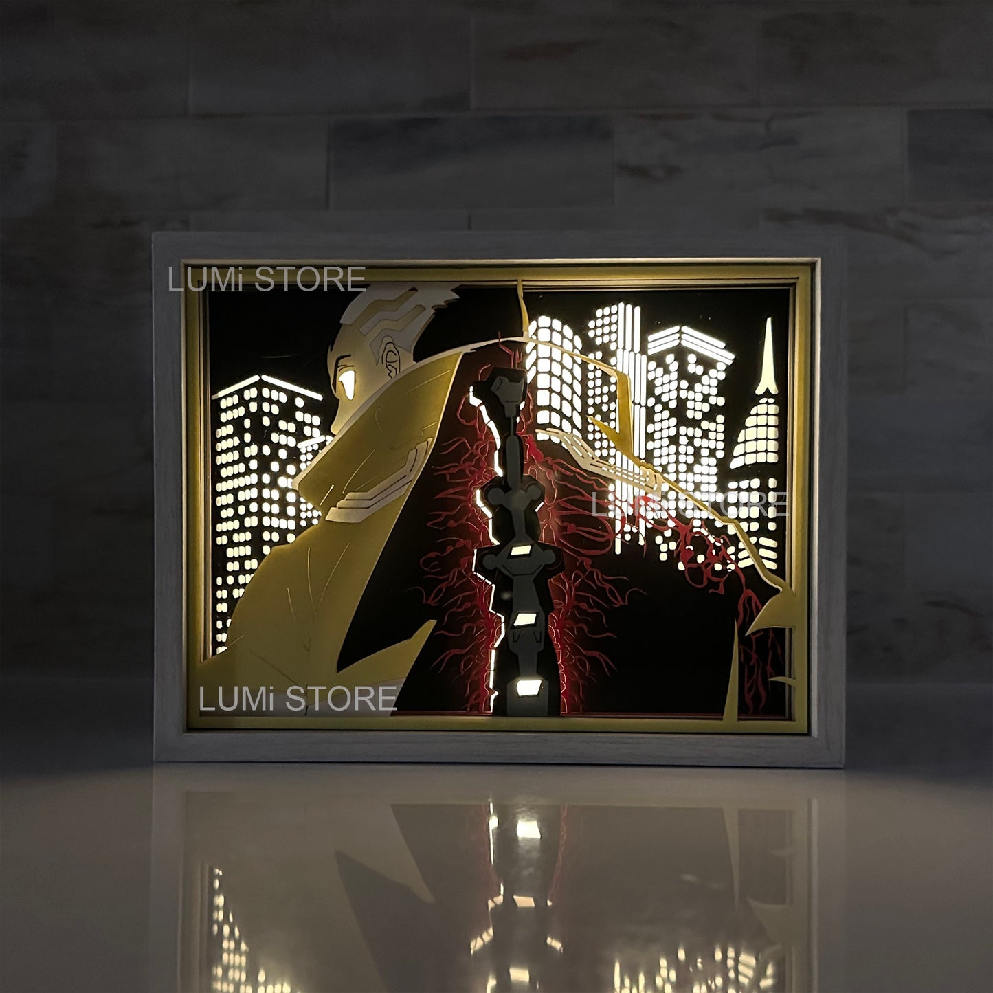 This striking Cyberpunk Edgerunners lightbox features David with his activated Sandevistan, showcasing superhuman speed and reflexes. The vibrant yellow and red hues highlight the advanced cyberware against a dark Night City backdrop, embodying the high-energy, action-packed essence of Cyberpunk 2077. A must-have for fans and collectors.