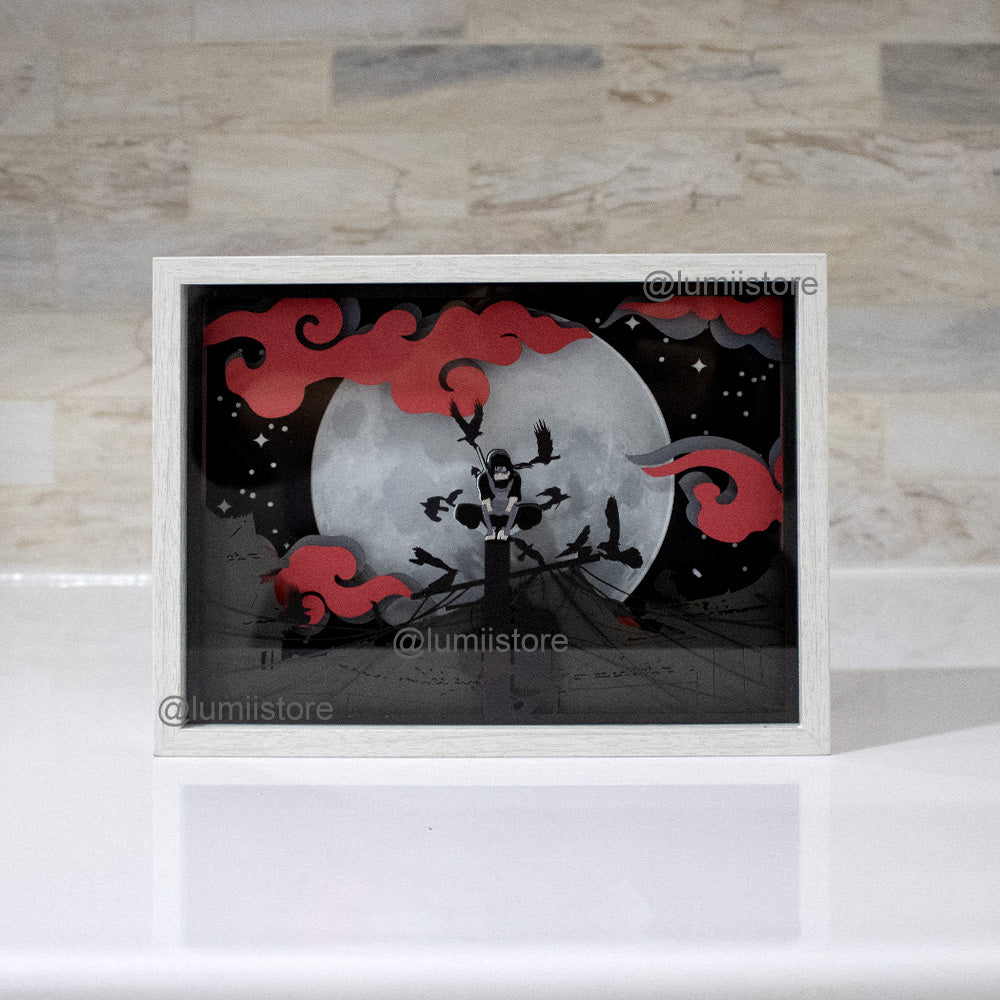 Itachi Uchiha perched on a light pole over the Uchiha Village under a shining moon in lightbox art