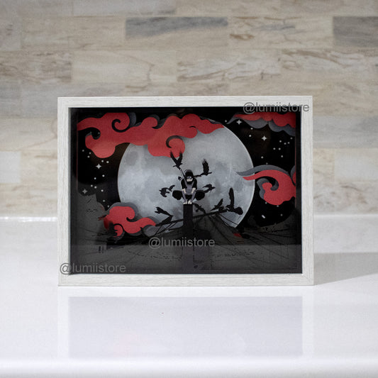 Itachi Uchiha perched on a light pole over the Uchiha Village under a shining moon in lightbox art