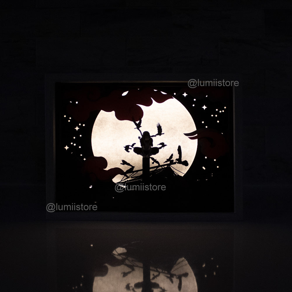 Itachi Uchiha perched on a light pole over the Uchiha Village under a shining moon in lightbox art