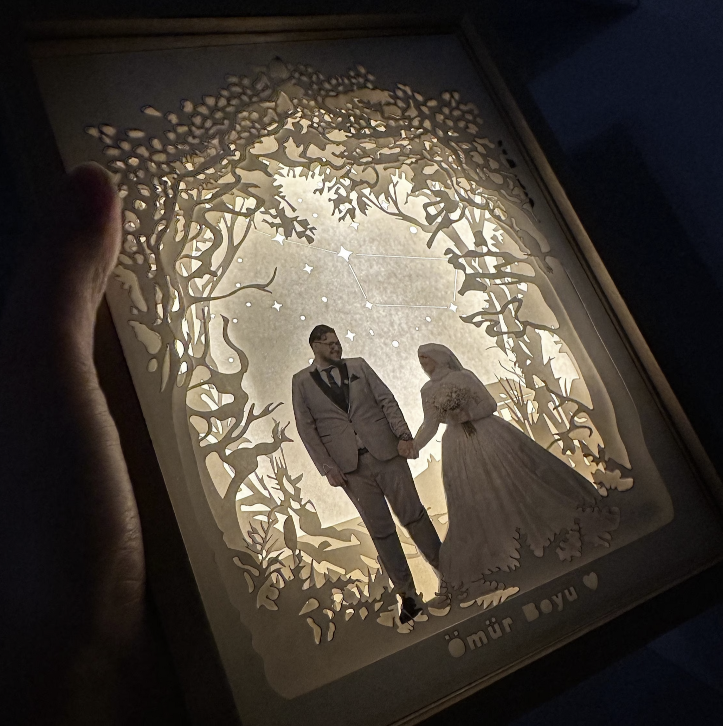 A custom wedding portrait lightbox. The centerpiece showcases a beautiful wedding portrait, while layers of carefully crafted cardstock create a lush and vibrant woodland setting. Ideal for unique wedding decor &personalized gifts.