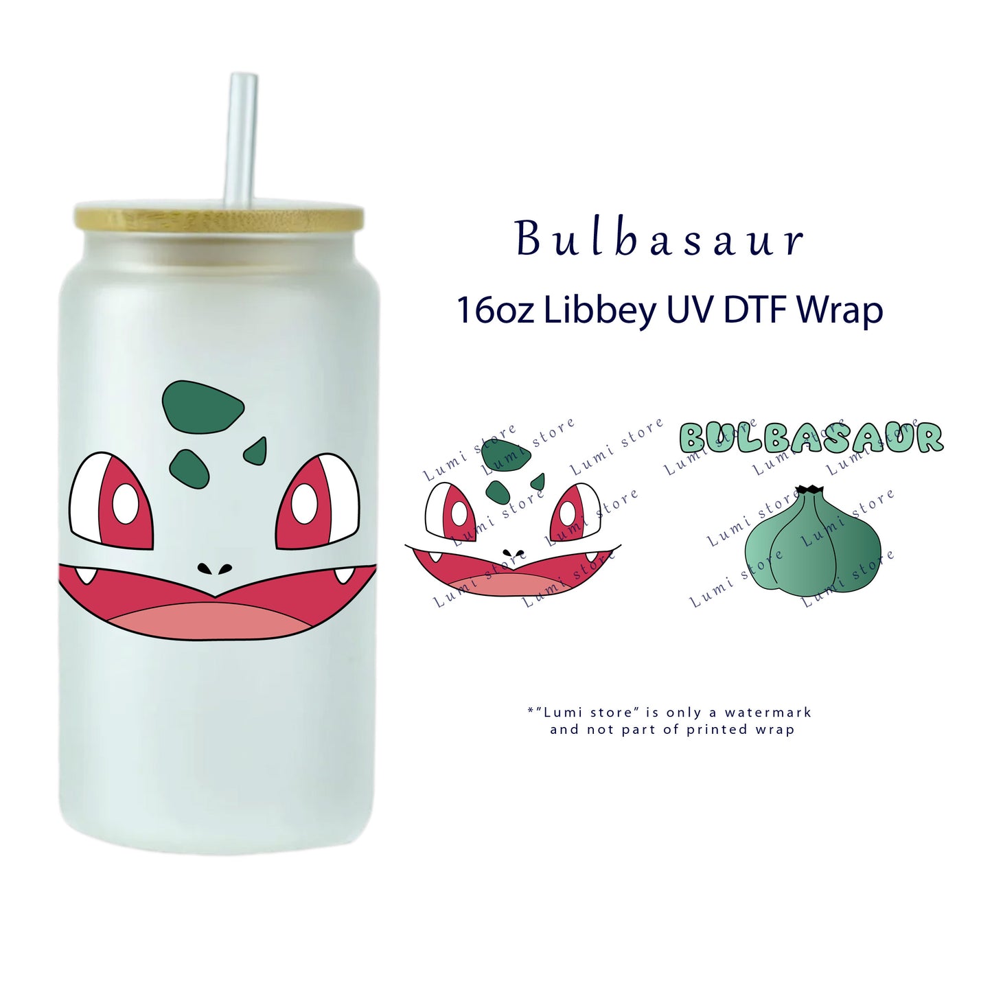 Elevate your 16oz Libbey Glass Can with our Bulbasaur Pokemon UV DTF Wrap/Transfer. Simple application—no heat or weeding needed. STICK, PEEL & GO! Transform various surfaces like glass and plastic cups, phone cases, and notebooks. Bring your favorite Pokemon characters to life on everyday items. Order now for a touch of anime magic!