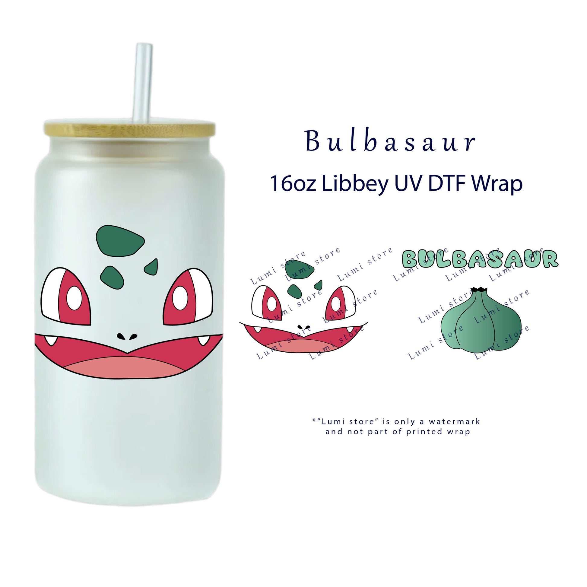 Elevate your 16oz Libbey Glass Can with our Bulbasaur Pokemon UV DTF Wrap/Transfer. Simple application—no heat or weeding needed. STICK, PEEL & GO! Transform various surfaces like glass and plastic cups, phone cases, and notebooks. Bring your favorite Pokemon characters to life on everyday items. Order now for a touch of anime magic!