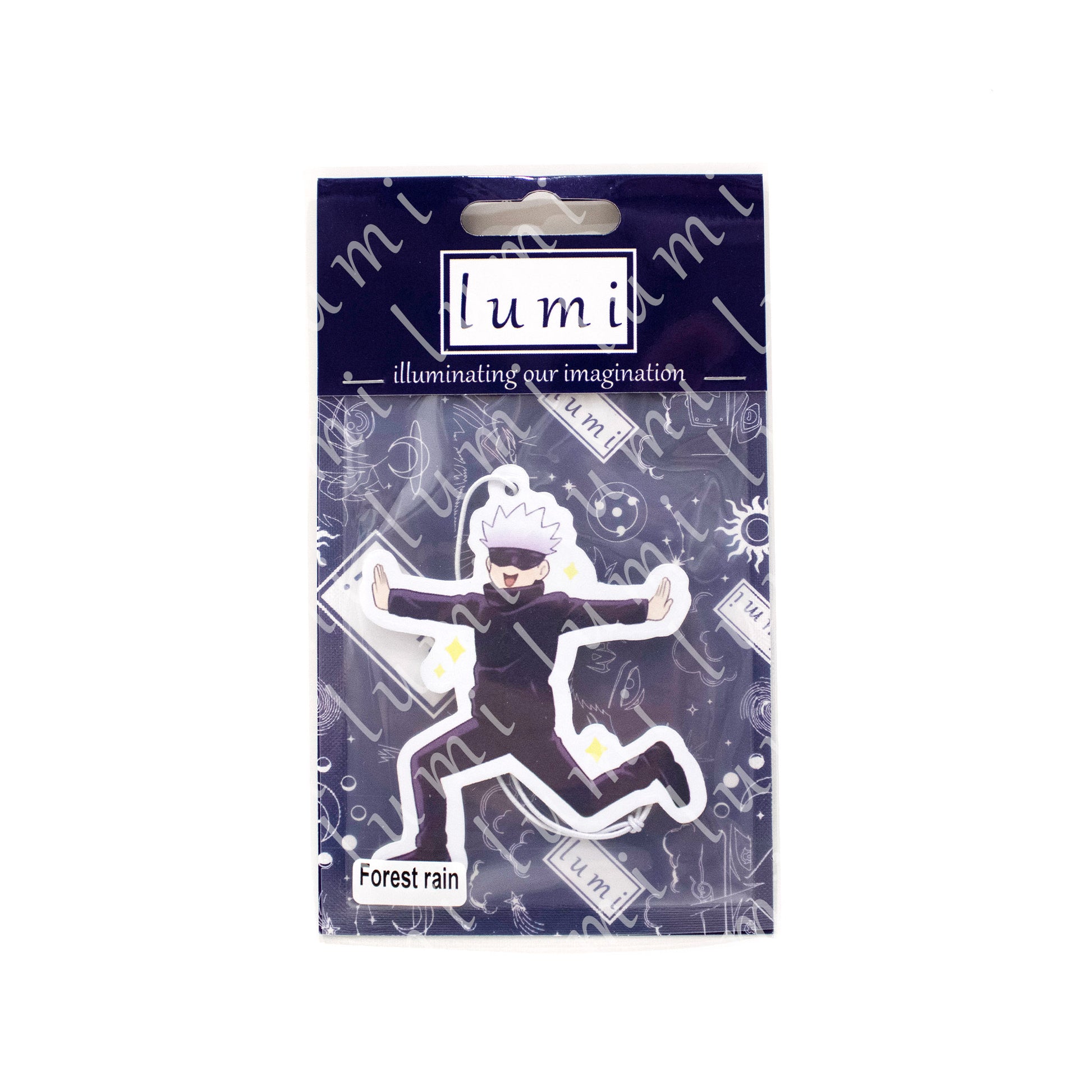 Image of a Jujutsu Kaisen air freshener featuring a kawaii design of Gojo Satoru, with a string attached for easy hanging.