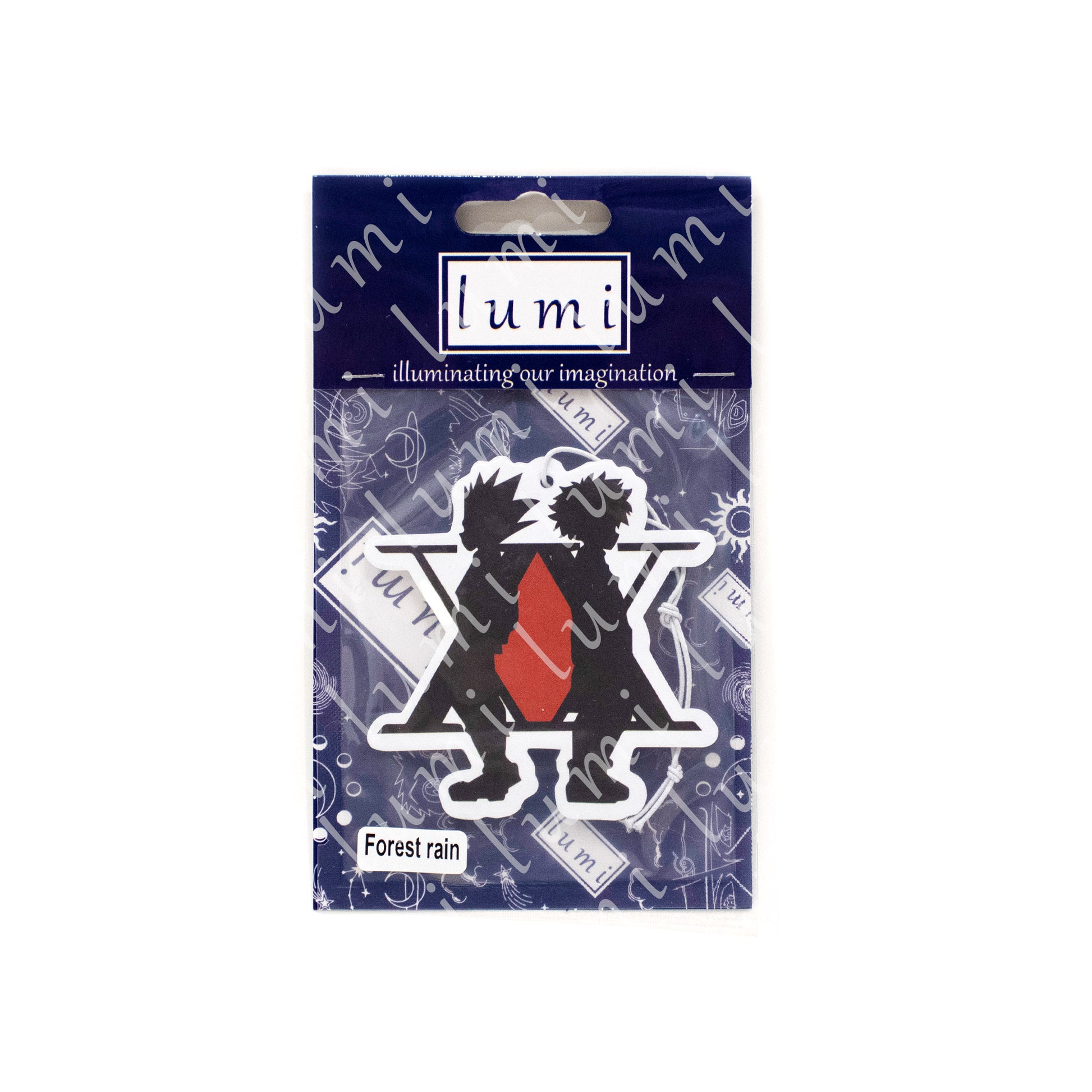 An image of a rectangular air freshener featuring Gon and Killua from the anime series Hunter x Hunter. The characters are depicted in a colorful and cartoonish style, with Gon on the left and Killua on the right. The air freshener appears to be hanging from a string