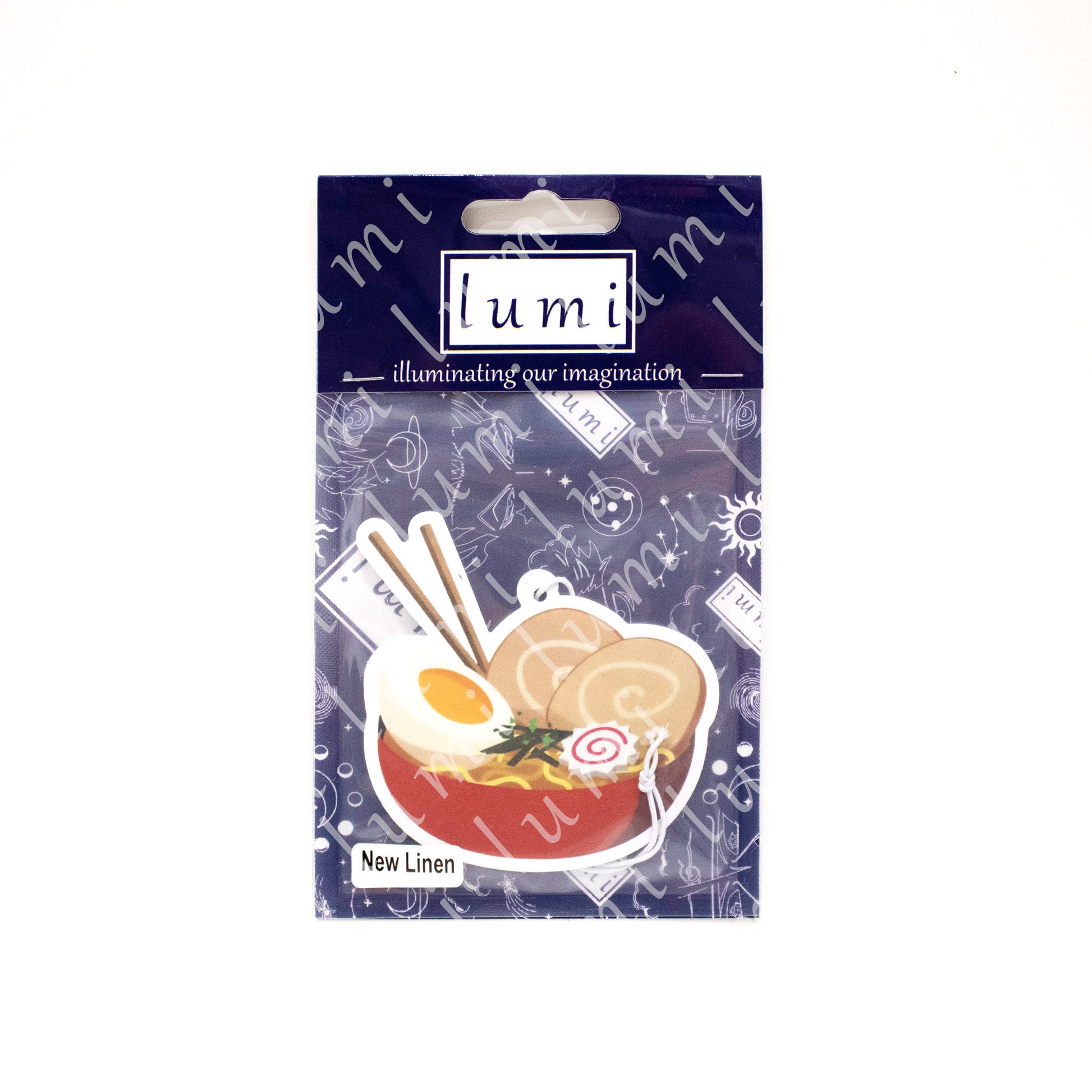 An image of an Ichiraku Ramen air freshener, featuring a bowl of steaming ramen with chopsticks and the Ichiraku Ramen logo in the background.