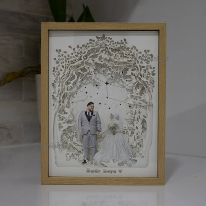A custom wedding portrait lightbox. The centerpiece showcases a beautiful wedding portrait, while layers of carefully crafted cardstock create a lush and vibrant woodland setting. Ideal for unique wedding decor &personalized gifts.