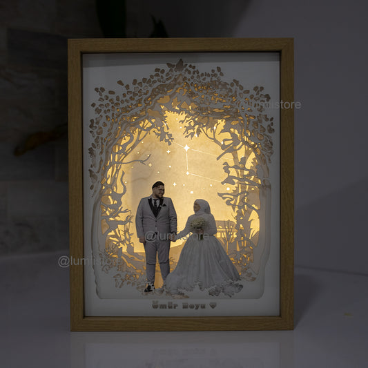 A custom wedding portrait lightbox. The centerpiece showcases a beautiful wedding portrait, while layers of carefully crafted cardstock create a lush and vibrant woodland setting. Ideal for unique wedding decor &personalized gifts.