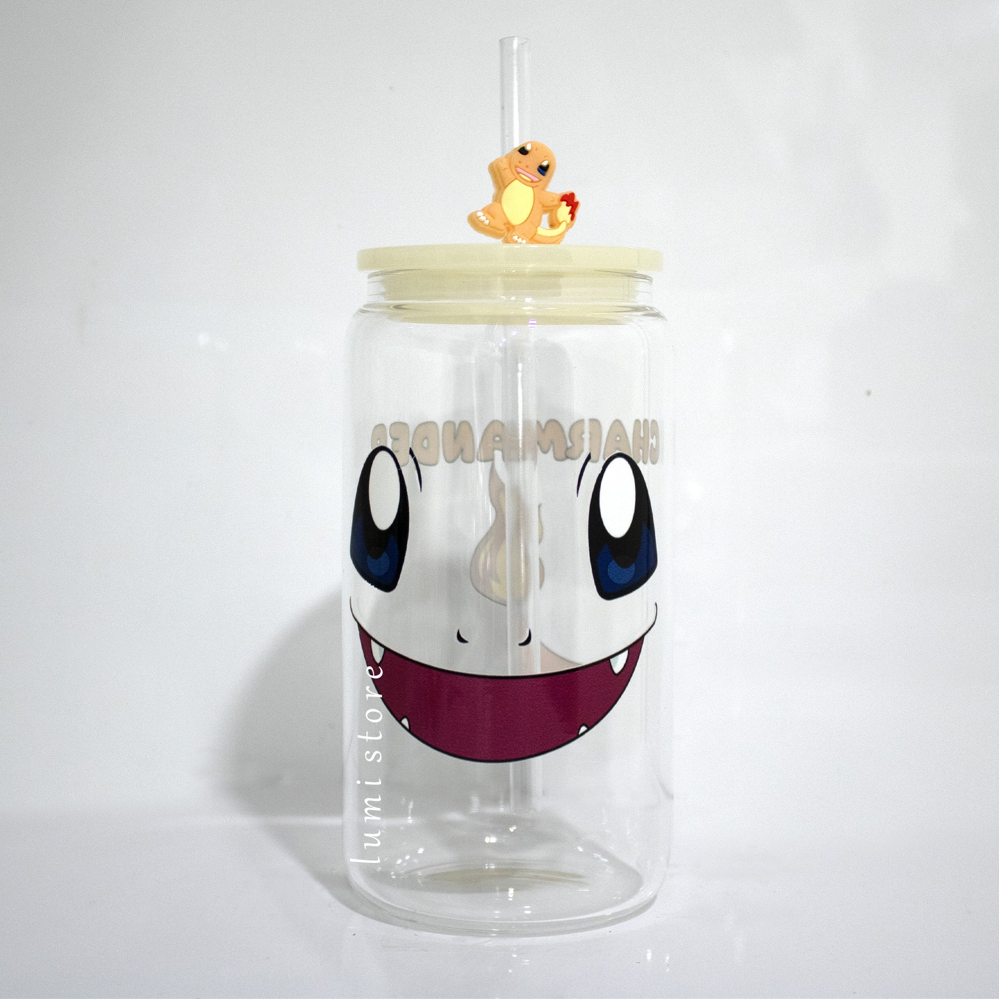 Charmander Glass Tumbler – a Pokemon-inspired 16oz glass cup! 🐉💖 Perfect for anime lovers or a delightful self-indulgence. Each cup is HANDMADE, ensuring a unique piece. Elevate your sipping experience with this Glass Cup featuring a Colorful Lid and Reusable Straw. 