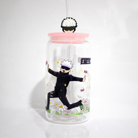 Gojo Glass Tumbler – 16oz Glass Cup with Colored Lid and Reusable Straw. Handmade, unique, and sublimation-printed for lasting charm. Perfect for anime enthusiasts. Order now for a touch of anime magic!
