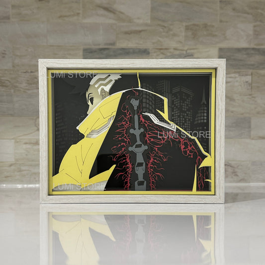 This striking Cyberpunk Edgerunners lightbox features David with his activated Sandevistan, showcasing superhuman speed and reflexes. The vibrant yellow and red hues highlight the advanced cyberware against a dark Night City backdrop, embodying the high-energy, action-packed essence of Cyberpunk 2077. A must-have for fans and collectors.