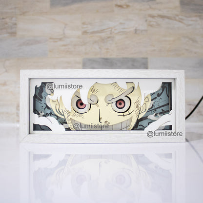 Luffy Gear 5 transformation, One Piece lights, Luffy Gear 5 lightbox, Luffy Gear 5 lightbox, One Piece Luffy merchandise, Luffy artwork, straw hat pirates, anime merch