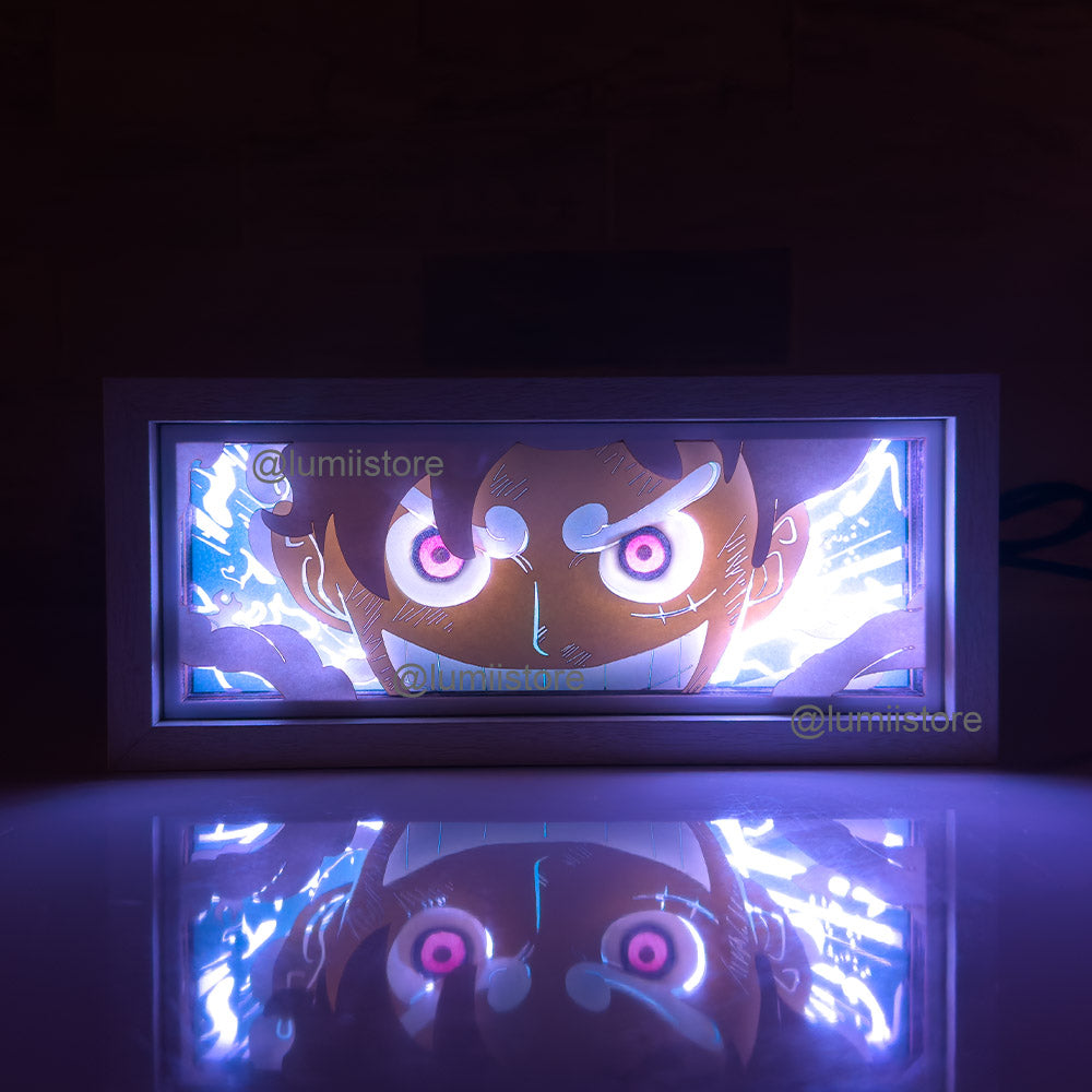 Luffy Gear 5 transformation, One Piece lights, Luffy Gear 5 lightbox, Luffy Gear 5 lightbox, One Piece Luffy merchandise, Luffy artwork, straw hat pirates, anime merch