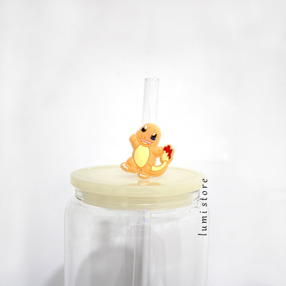 Charmander straw topper on glass cup 
