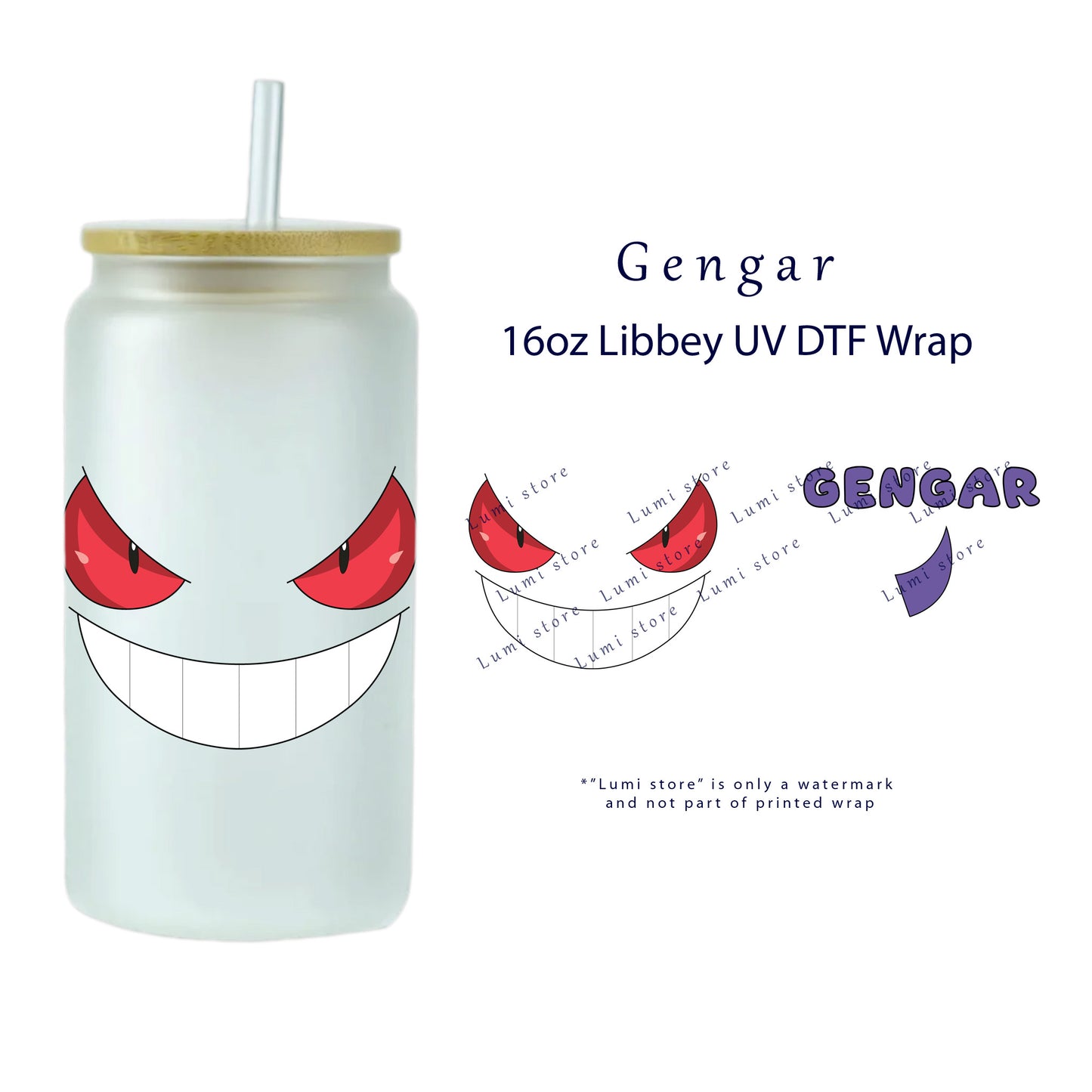 Gengar Wrap [UV DTF - 16oz Libbey Glass Can] | Ready to Apply | Physical Product