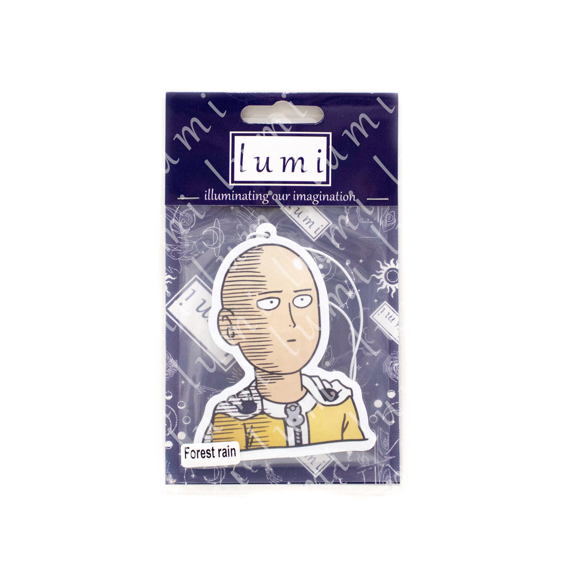 Image of Saitama from One Punch Man on an air freshener, featuring a bold and vibrant design.