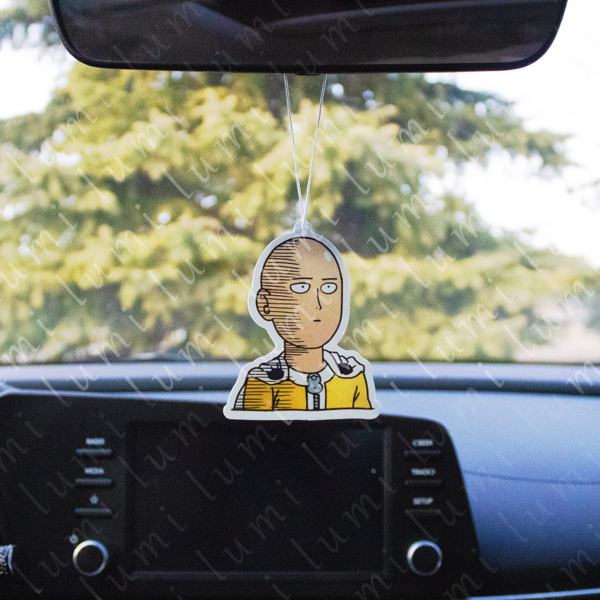 Image of Saitama from One Punch Man on an air freshener, featuring a bold and vibrant design.