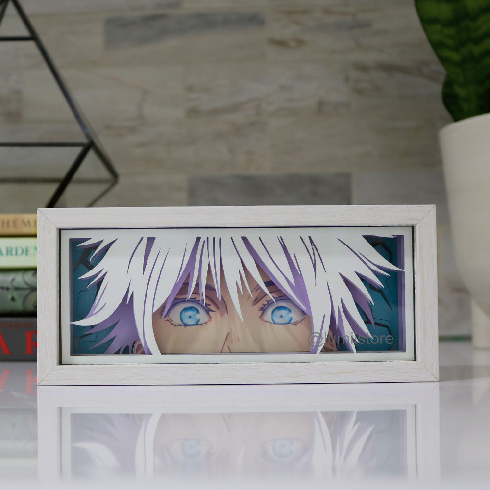 Gojo satoru with mask off, domain expansion, gojo 3d lightbox, gojo anime merchandise, gojo art