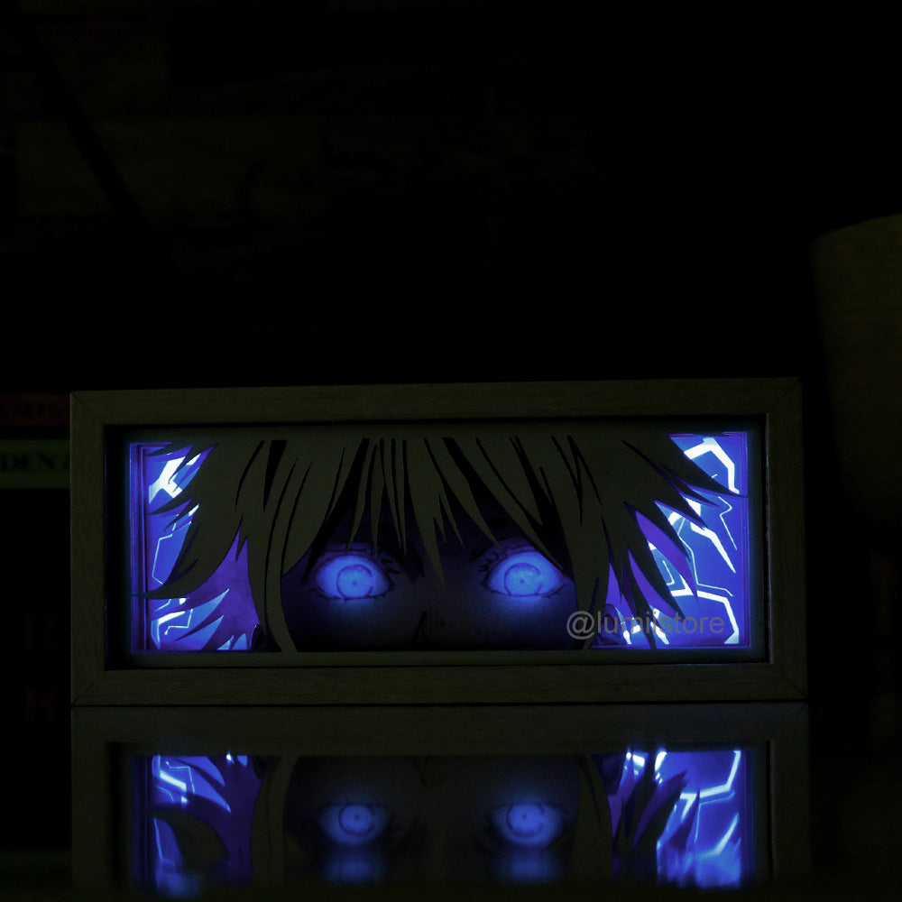 Gojo satoru with mask off, domain expansion, gojo 3d lightbox, gojo anime merchandise, gojo art